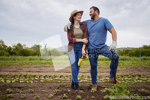 Image of Startup, success and agriculture, couple work farm together. Sustainability, teamwork and small business of sustainable food production. Happy farmer, man and woman work in growth, love and farming.