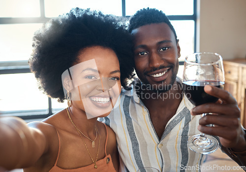 Image of Couple selfie for social media to celebrate with wine glass, champagne and alcohol drinks for happy relationship on date together in a cafe restaurant. Portrait of love, relax and smile black people