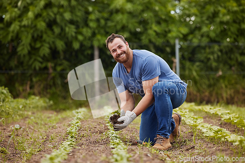 Image of Farmer planting plants or vegetable crops on an organic and sustainable farm and is happy for his seedlings. Excited, joyful and carefree male nature activist who is passionate about sustainability