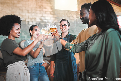 Image of Friends wine tasting, giving cheers and toast celebrate with champagne glasses in cellar, distillery and brewery. Group of happy, diversity and smile people for social event, hangout and winery tour