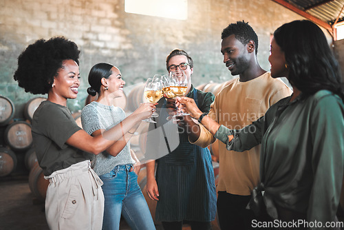 Image of Friends wine tasting, giving cheers and toast celebrate with champagne glasses in cellar, distillery and brewery. Group of happy, diversity and smile people for event, social bonding and winery tour