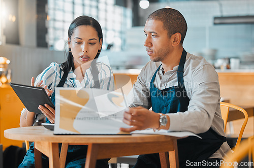 Image of Partnership of cafe barista, entrepreneur and small business owners planning budget, menu and vision for coffee shop or restaurant success. Startup leaders in collaboration working on digital tablet