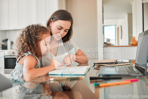 Image of Mother, child and learning of parent helping her daughter with homework in the kitchen for education at home. Mom teaching her girl school work, project or task in her book together at the house.