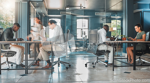 Image of Coworking space, office and sharing desk in corporate workplace. Diversity, efficiency and modern working environment for inclusive company. Start up and motion blur of fast and busy employees