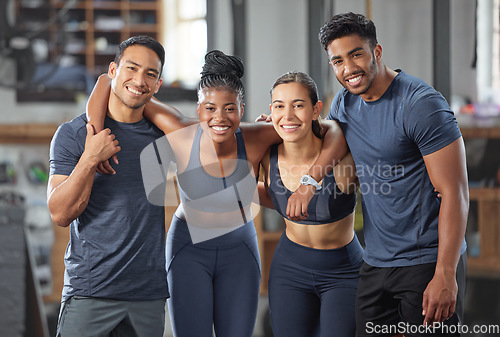 Image of Fitness, exercise and diverse accountability group standing together and looking happy after training at gym. Portrait of friends enjoying their membership at a health and wellness facility