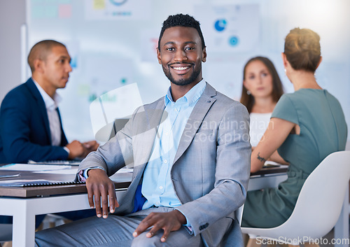 Image of Leadership, innovation and vision of a smiling business man leading a meeting in a modern office. Leader, professional and empowered man discussing innovative strategies, marketing and planning.