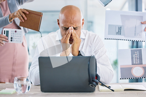 Image of Stress, deadline and mental burnout with anxious, worried and frustrated business man in office. Overworked, annoyed and tired worker with headache, pressure and trouble for demands in busy workplace
