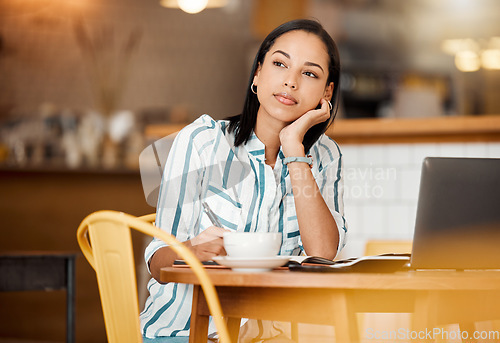 Image of Thinking, wondering and planning woman having a coffee while working remotely on laptop at cafe. Freelance female writer daydreaming, thinking about a career change during tea break at a coffee shop