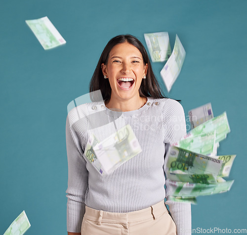 Image of Money, cash and bonus success of a woman with wealth, business growth and financial increase looking happy and excited. Portrait of a businesswoman winning or spending her savings, profit or interest