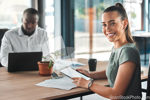 Image of Digital, email and content marketing businesswoman in project meeting with colleague for seo trends, data analysis and company growth. Portrait of a corporate professional looking happy with her job