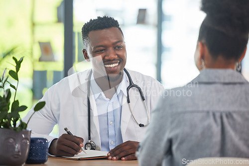 Image of Doctor talking to patient in medical consultation, checkup and visit in a clinic, hospital and healthcare center. Professional, gp and frontline worker listening and writing prescription medication