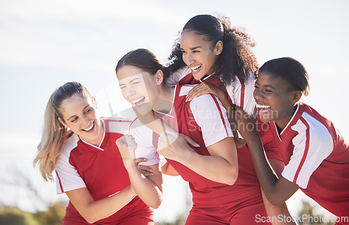 Image of Soccer, football or team sports for cheering, celebrating or winning team after scoring goal in match, game or championship. Diverse group of fit, active and athletic girls, women or excited friends