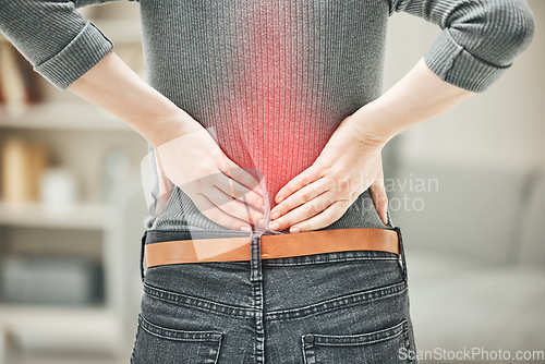 Image of Back, pain and backache of a woman touching and holding a painful area on her body highlighted in red. Closeup of a female feeling strain, ache and discomfort from a glowing muscle injury problem