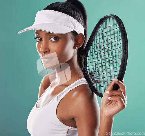 Image of Determined, motivated woman tennis player, athlete and sports person. Portrait of a competitive, healthy and serious girl with female empowerment and motivation ready for fitness training