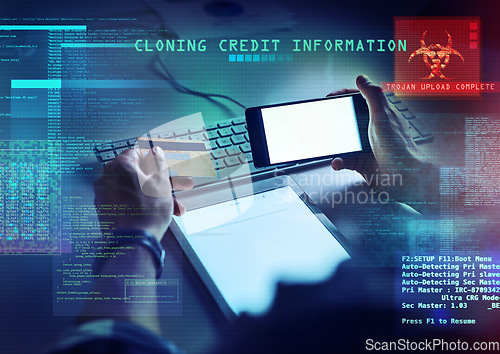 Image of Cyber security, hacking and credit card fraud with cgi, special effects and digital overlay of the hands of a man cloning a bank account and stealing money, finance or information from an online fund