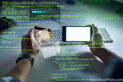 Image of Hacker hacking, committing fraud or financial theft with bank credit card information technology and a phone app or software with CGI graphic data. Cyberpunk stealing online, phishing with malware