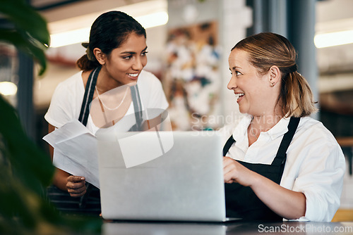 Image of Small business owner working on a budget strategy or ordering stock online with an employee using a laptop in her store. Female entrepreneur talking to a worker about startup growth and sales