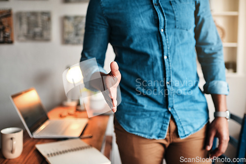 Image of Handshake, greeting and welcome with a business man offering his hand in support, teamwork or to say we are hiring. Closeup of a male shaking hands with a new employee or celebrating a promotion