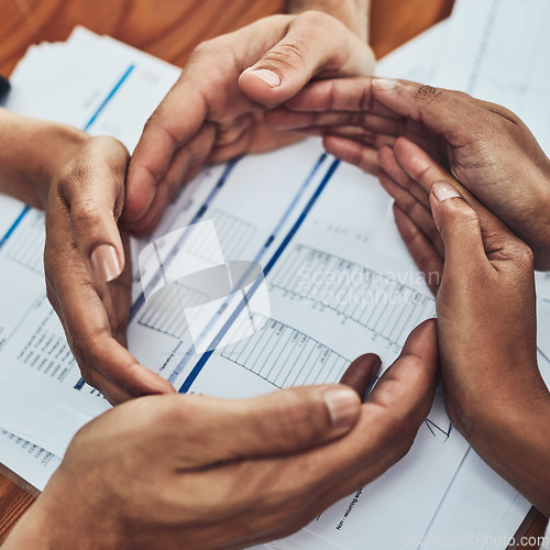 Image of Hands form a circle together for teamwork, community and collaboration of business team. Above view of workers showing a trust and unity hand gesture. Office support of group of colleagues