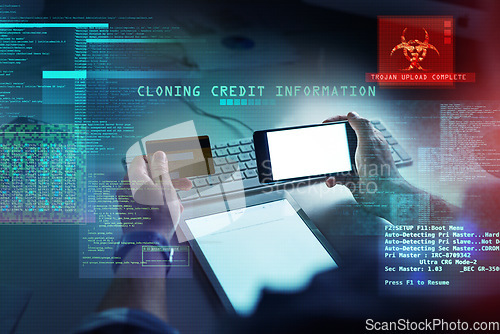 Image of Cyber security, hacking and fraud with a computer hacker holding a credit card and phone while cloning a bank account. Theft, crime and data protection with CGI, special effects or overlay background