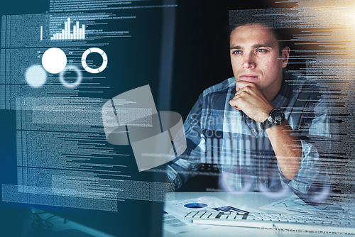 Image of Computer programmer, software developer, or engineer working on computer database with futuristic CGI graphic data. Male information technology coder or a IT programmer coding company cyber security