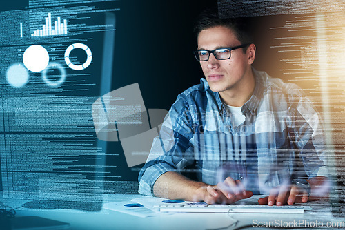 Image of Male it computer worker working on a future hologram cgi screen at his office desk. Tech designer using technology to test new, abstract and innovation data. Web developer work on a digital code