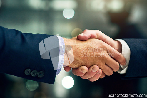 Image of Business people giving handshake, congratulating on success and networking at work. Closeup of a professional corporate manager, boss or ceo hiring new employee, making deals and giving promotion