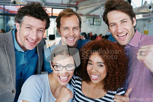 Image of Fun, cheerful and casual business people celebrating in an office together. Portrait happy colleagues collaborating on startup, united, ambitious and confident. Workers with vision, plan or strategy