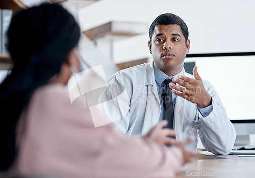 Image of Doctor talking to patient in medical consultation, checkup and consult in clinic, hospital and healthcare center. Professional, gp and specialist worker explaining symptoms and side effects to woman