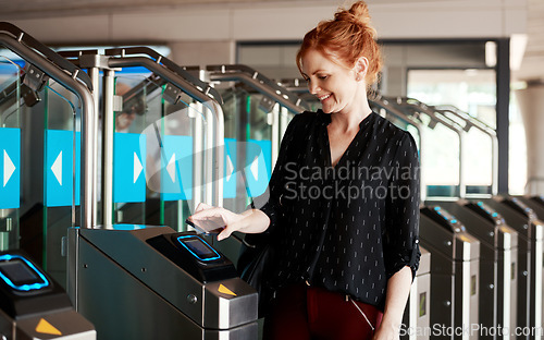 Image of Woman scanning phone for entry into modern building or secure corporate company using contactless sensory scanner device or machine. Trendy lady using snap scan transaction to pay for parking ticket