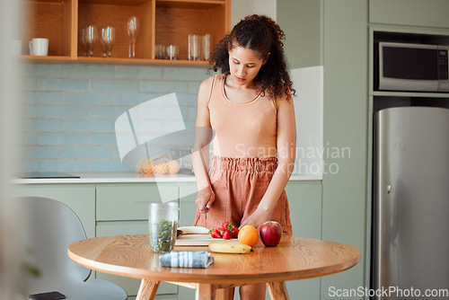 Image of Healthy, wellness lifestyle and diet meal plan preparations or woman making breakfast fruit salad or smoothie on home kitchen table. Female preparing organic vegan food, cutting fresh ingredients.