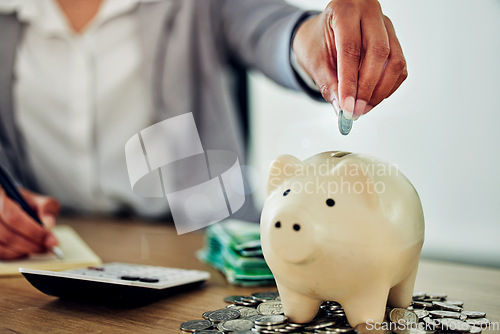 Image of Banking, finance and money in piggybank for savings, investment and budget for business woman. Closeup of hands of an accountant counting coins for insurance, bills and payment in an office at work