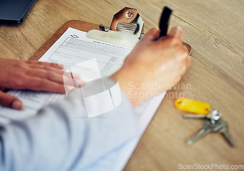 Image of . Signing contract, document and paper closeup of banker, client or worker, writing or filling out information on insurance or loan form. Hands of woman completing legal agreement or tax compliance.