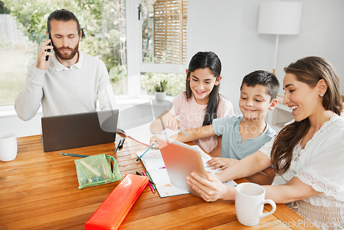 Image of Kids education, learning and fun activity with mother teaching on tablet at home and father doing remote work in background. A multimedia, modern family enjoying online app or web with internet wifi