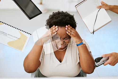 Image of Stressed, depressed and frustrated black entrepreneur with overworked, suffer from burnout, anxiety and headache. Business woman struggle with work overload chaos, fail to meet deadlines.