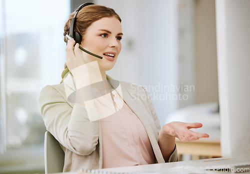 Image of Sales consultant, call center agent and contact support employee helping clients with good customer service. Female working at the help desk busy talking and consulting about us and our loan prices