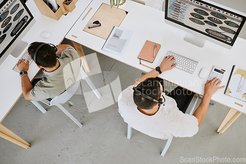 Image of Call center agents, customer support and insurance consulting service employees helping clients top view. Colleagues wearing headsets talking to clients about us a company about our quality services