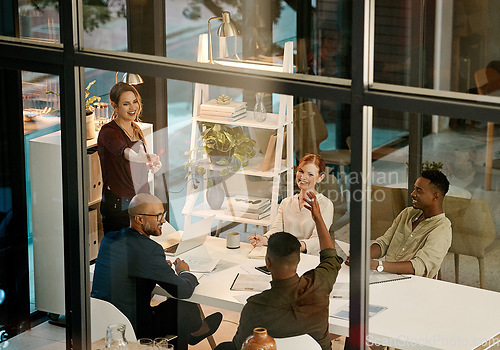 Image of Businesspeople in a marketing growth strategy discussion in a collaboration meeting using teamwork inside a modern office. Mindset development and team building by diverse, smart and creative adults