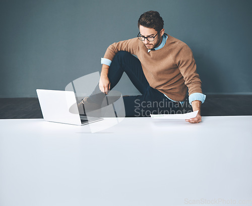 Image of Copyspace, planning and innovation on a laptop, while doing research and thinking of vision and mission for a startup. Serious entrepreneur waiting on a reply after sending a business proposal