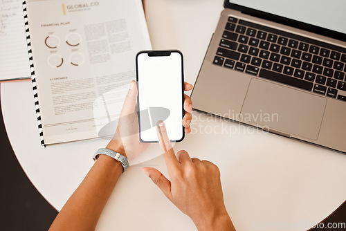 Image of Business phone blank screen display in businessperson hands showing marketing, advertising or copy space from above. Finger typing, using wireless tech for online app, website or new modern software