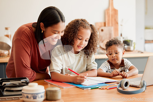 Image of Mother teaching, learning and education with child studying, doing homework or writing in book during an at home lesson or homeschooling. Daughter in early childhood development enjoying fun activity