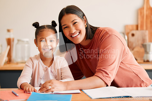 Image of Mother helping, teaching and educating daughter with homework at home. Portrait of happy, loving and smiling mom and little girl busy with educational lesson, tutoring or assistance at home together