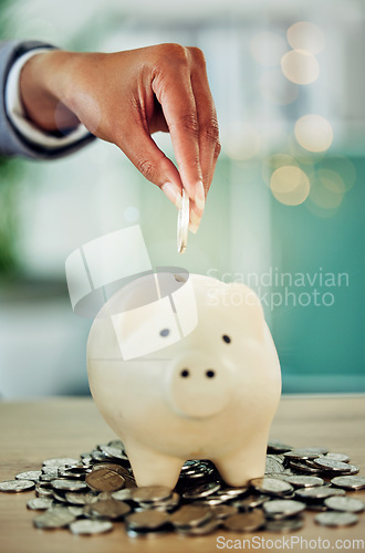 Image of Finance growth, saving money and coins in a piggy bank for the best investment strategy a banking service, contact us. Silver cash put into a safe place to keep their financial wealth budget growing