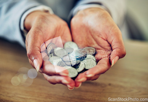 Image of . Money, coins and change of wealthy hands of an investor in business holding finance. Financial, savings or investment for startup growth, accountant planning for future finances, insurance or tax.