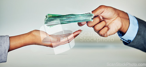 Image of . Paper money, payment or loan cash from a finance manager, banking employee or boss. Hand holding bank notes for financial investment profit, wealth growth for investing, retirement and budget.