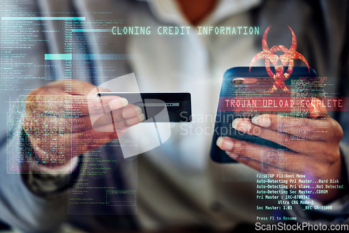 Image of . Cyber, digital and virus of criminal fraud breaking security with trojan and cloning software. Hands of an individual with malicious intent to steal, banking and finance information for ecommerce.