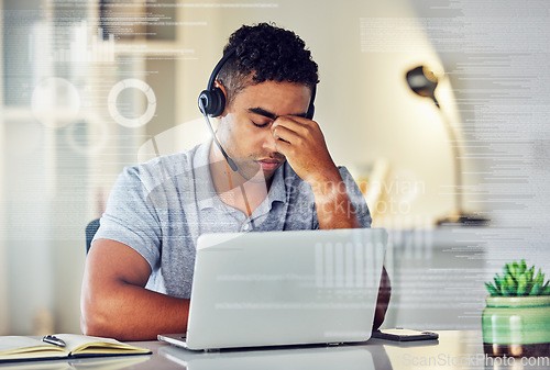 Image of . Tired, stressed and exhausted finance customer support agent on laptop over graphs, ui and analysis. Overworked, burnout and headache of a man in stress working remote in his office at home.