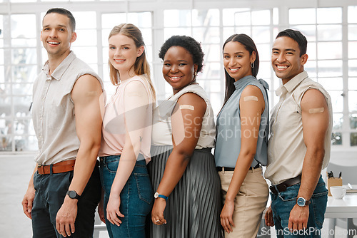 Image of Covid vaccine, safety and health colleagues with plaster after vaccination for business office protocol or policy and protection against the virus. Smiling workers standing together, showing support