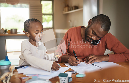 Image of Busy, working and multitasking father talking on phone, writing on paperwork and networking single dad sits with son. Adorable, little and cute boy playing while freelancer parent works from home