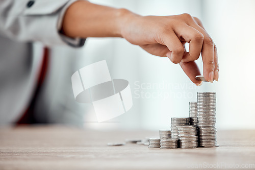 Image of Saving, coins and growth for small business finance, stack of money for growing economy. Financial wealth and investment for profits, accounting or economics in the workplace over copy space.